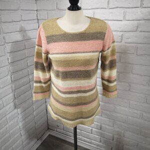 Penmans Ladies Size Medium Tan Salmon Taupe & White Striped 3/4 Sleeves Sweater